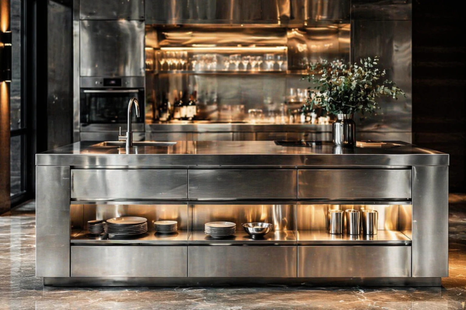 Îlot central en inox sur mesure avec finitions haut de gamme dans une cuisine professionnelle moderne, conçu pour les restaurants et hôtels